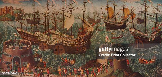 The Embarkation at Dover' circa 1540. Henry VIII and his fleet setting sail from Dover to Calais on 31 May 1520 on the way to meet Francis I at The...