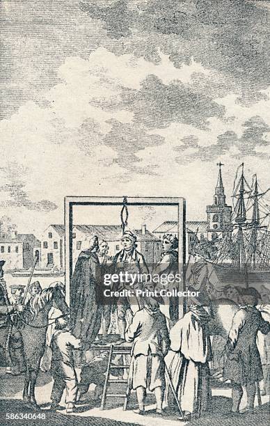 Pirate hanged at Execution Dock', circa 1795. Situated on the bank of the Thames at Wapping, London, Execution Dock was a place of execution for...