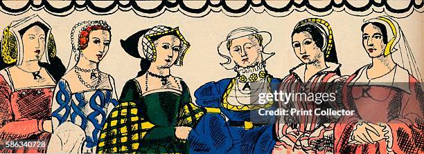 Portraits of Henry VIII's six wives; Catherine of Aragon, Anne Boleyn, Jane Seymour, Anne of Cleves, Catherine Howard and Catherine Parr. From Kings...