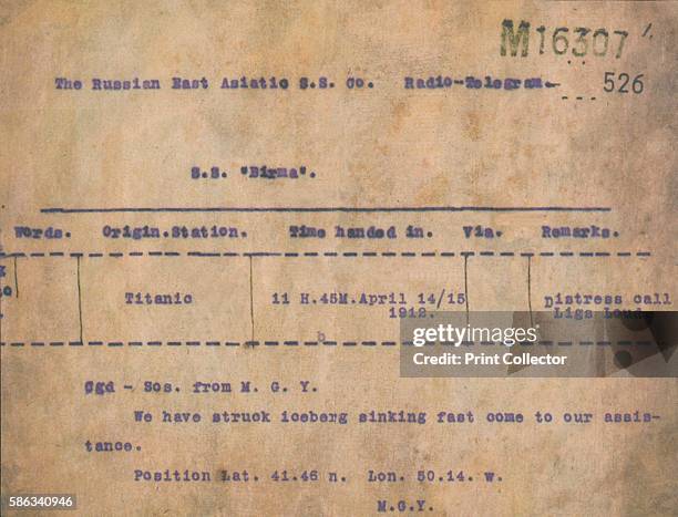 Titanic - Iceberg Telegram, 1912. A telegram transmited from RMS Titanic to the S.S. Birma, April 15 reading, We have struck iceberg sinking fast...
