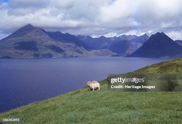 The Black Cuillin and Loch Scavaig near Elgol, Isle of Skye, Scotland, 20th century. The peaks of the Black Cuillin are mainly composed of gabbro, a...