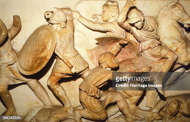 Greeks fight Persians, the Alexander Sarcophagus, Sidon, 4th century BC, . The Alexander Sarcophagus is a late 4th century BC Hellenistic stone...