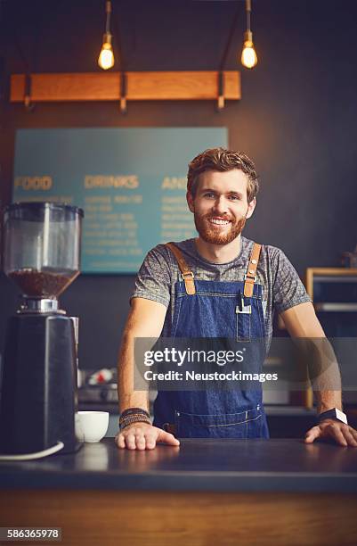confident male barista smiling in cafe - handsome stock pictures, royalty-free photos & images