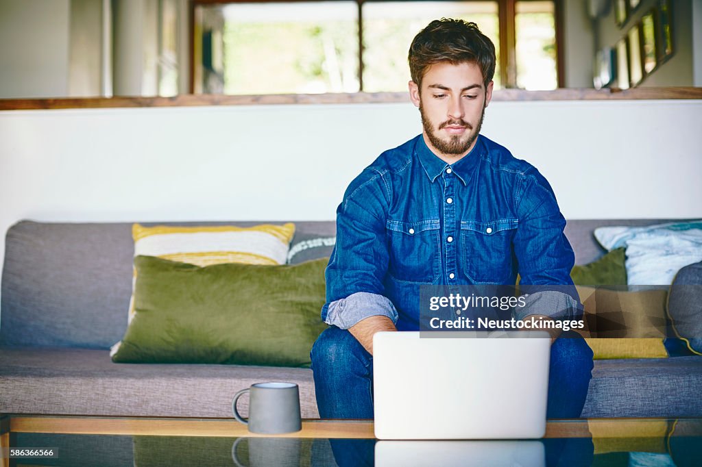 Handsome male blogger using laptop at coffee table