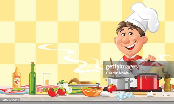 ilustraciones, imágenes clip art, dibujos animados e iconos de stock de chef cocinando en la cocina - chef