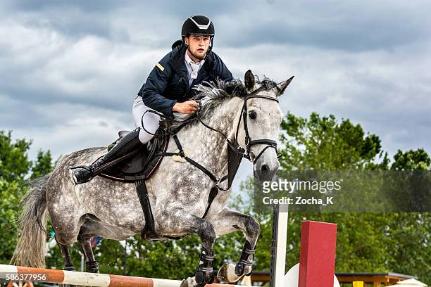 show jumping-um cavalo com aditamento saltar sobre o obstáculo - jóquei imagens e fotografias de stock