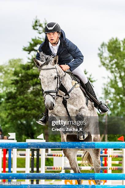 show jumping - horse with rider jumping over hurdle - mane stock pictures, royalty-free photos & images