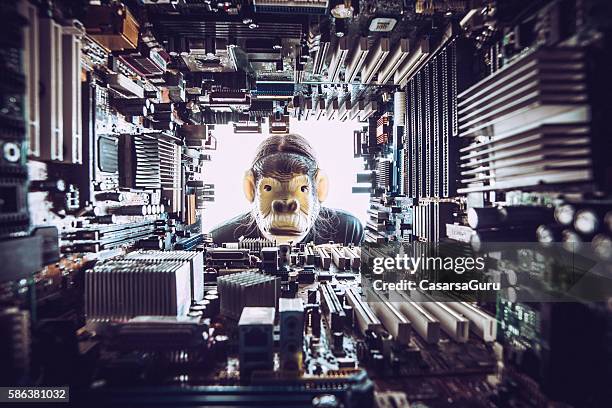 monkey looking at technology environment - concept - man staring into distance stock pictures, royalty-free photos & images