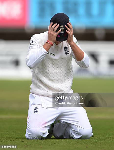 Joe Root of England reacts after dropping Azhar Ali of Pakistan during day two of the third Investec test between England and Pakistan at Edgbaston...