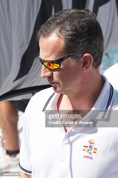 King Felipe VI of Spain onborad Aifos during 35th Copa Del Rey Mafre Sailing Cup on August 6, 2016 in Palma de Mallorca, Spain.
