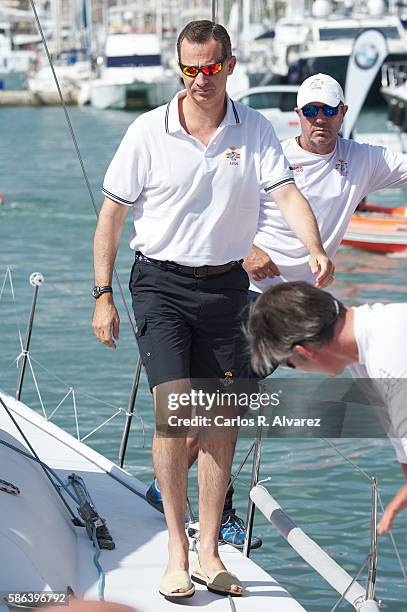 King Felipe VI of Spain onborad Aifos during 35th Copa Del Rey Mafre Sailing Cup on August 6, 2016 in Palma de Mallorca, Spain.