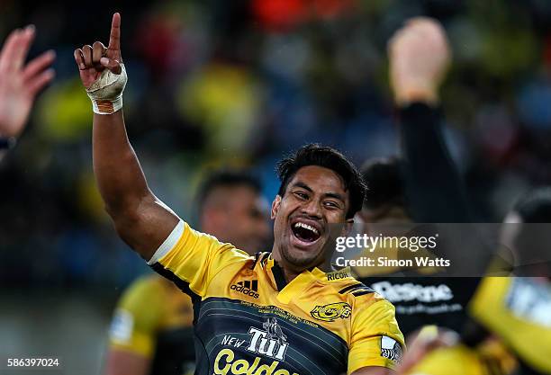Julian Savea of the Hurricanes celebrates after the 2016 Super Rugby Final match between the Hurricanes and the Lions at Westpac Stadium on August 6,...