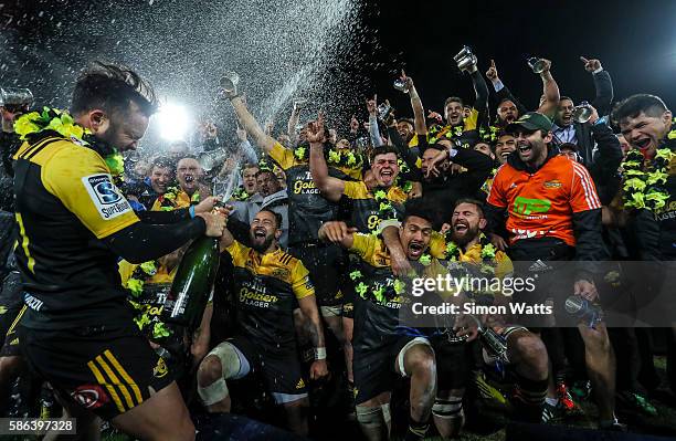 The Hurricanes celebrate after winning the 2016 Super Rugby Final match between the Hurricanes and the Lions at Westpac Stadium on August 6, 2016 in...