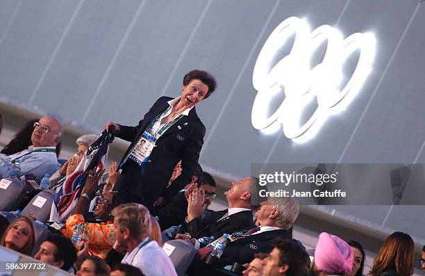 Princess Anne salutes the british delegation during the opening ceremony of the 2016 Summer Olympics at Maracana Stadium on August 5, 2016 in Rio de...