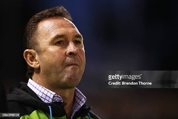 Raiders Coach, Ricky Stuart looks on during the round 22 NRL match between the Cronulla Sharks and the Canberra Raiders at Shark Park on August 6,...