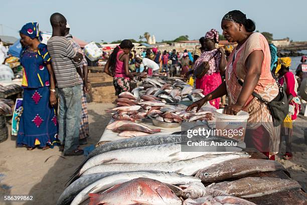 Senegalese fisherman sell their fish at Sioumbediom fish market in Dakar, Senegal on August 5, 2016.