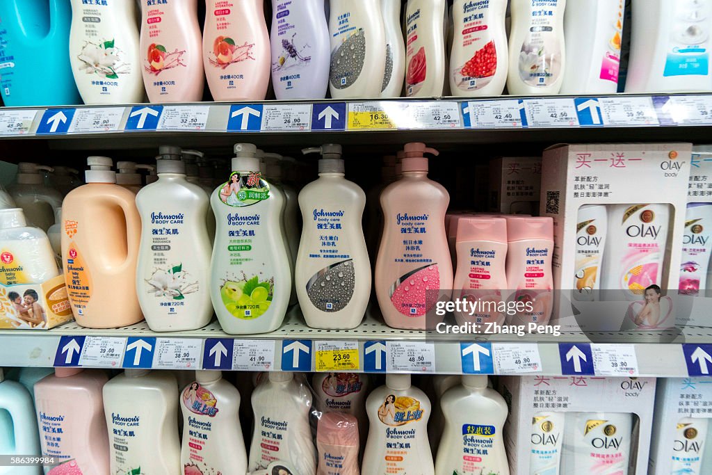 Johnson & Johnson shower lotion goods on supermarket shelves...