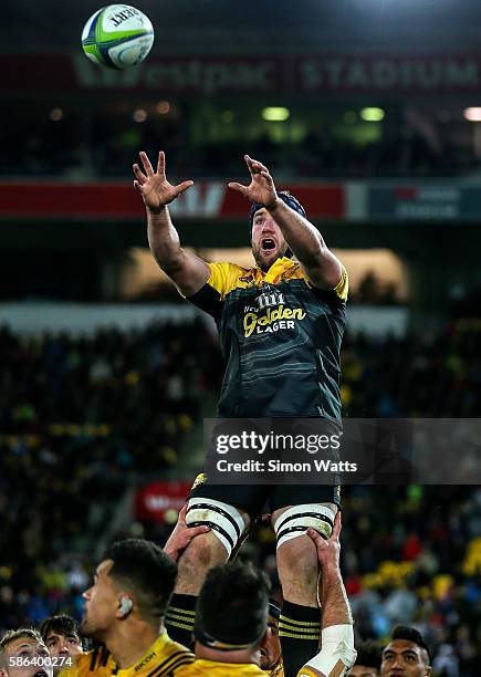 Mark Abbott of the Hurricanes wins a lineout during the 2016 Super Rugby Final match between the Hurricanes and the Lions at Westpac Stadium on...