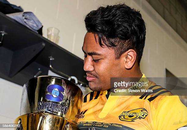 Julian Savea of the Hurricanes holds the Super Rugby Trophy after the 2016 Super Rugby Final match between the Hurricanes and the Lions at Westpac...