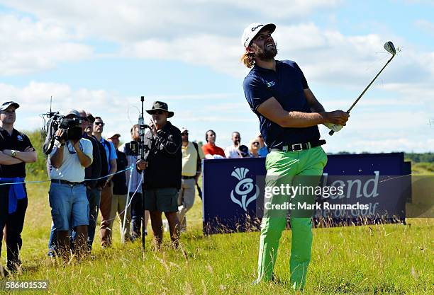 Johan Carlsson of Sweden chips onto the green on hole 16 on day three of the Aberdeen Asset Management Paul Lawrie Matchplay at Archerfield Links...