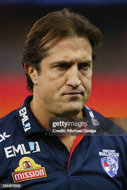 Bulldogs head coach Luke Beveridge wals off at three quarter time during the round 20 AFL match between the Western Bulldogs and the North Melbourne...