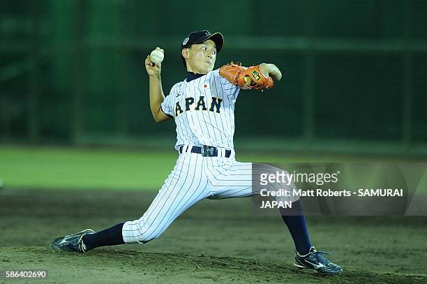 Takehiro Masuki of Japan throws a pitch in the top half of the nineth inning in the super round game between Japan and Panama during The 3rd WBSC...