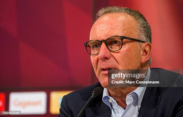 Karl-Heinz Rummenigge of FC Bayern Munich attends a press conference at Allianz Arena on August 6, 2016 in Munich, Germany.