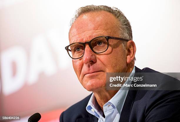 Karl-Heinz Rummenigge of FC Bayern Munich is seen during a press conference at Allianz Arena on August 6, 2016 in Munich, Germany.