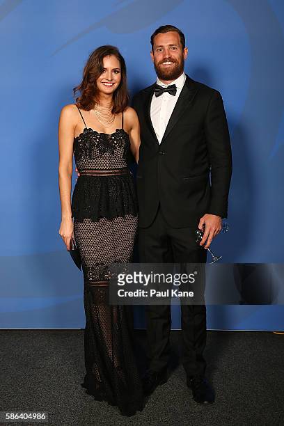 Madison Lahey and Luke Morahan arrive ahead of the Western Force 2016 Nathan Sharpe Medal Dinner at HBF Arena on August 6, 2016 in Perth, Australia.