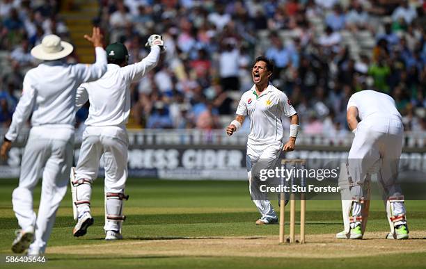 Pakistan bowler Yasir Shah celebrates after dismissing Joe Root during day 4 of the 3rd Investec Test match between England and Pakistan at Edgbaston...