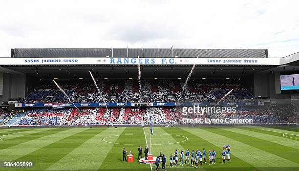 The League flag is unfurled before the Ladbrokes Scottish Premiership match between Rangers and Hamilton Academical at Ibrox Stadium on August 6,...