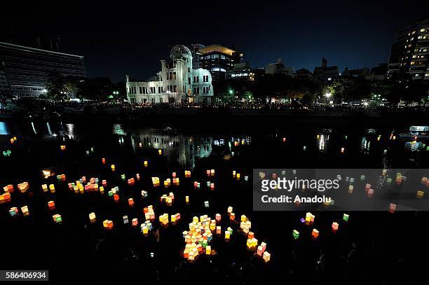 The Peace Message Lantern Floating Ceremony is held to console the souls of the A-Bomb victims after the Hiroshima Peace Memorial Ceremony at the...