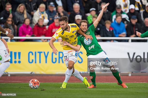 Johannes Vall of Falkenbergs FF and Tom Siwe of Jonkopings Sodra battles for the ball during the Allsvenskan match between Falkenbergs FF and...