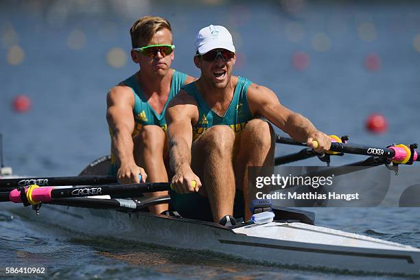 David Watts and Christopher Morgan of Australia compete during the Men's Double Sculls Heat 3 on Day 1 of the Rio 2016 Olympic Games at the Lagoa...