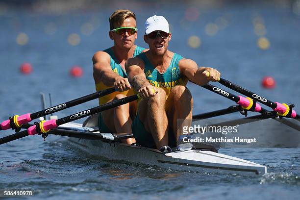 David Watts and Christopher Morgan of Australia compete during the Men's Double Sculls Heat 3 on Day 1 of the Rio 2016 Olympic Games at the Lagoa...