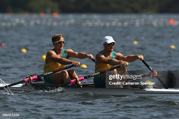 David Watts and Christopher Morgan of Australia compete during the Men's Double Sculls Heat 3 on Day 1 of the Rio 2016 Olympic Games at the Lagoa...