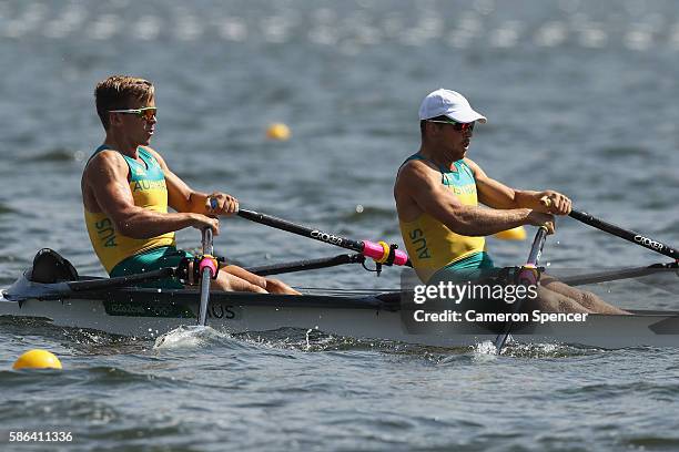 David Watts and Christopher Morgan of Australia compete during the Men's Double Sculls Heat 3 on Day 1 of the Rio 2016 Olympic Games at the Lagoa...