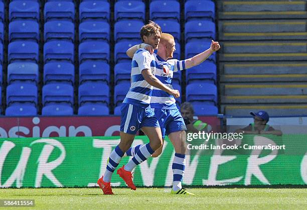 Reading's John Swift celebrates scoring his sides first goal with team mate Paul McShane during the EFL Sky Bet Championship match between Reading...