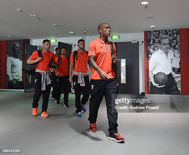 Andre Wisdom of Liverpool arrives at the International Champions Cup match between Liverpool and Barcelona at Wembley Stadium on August 6, 2016 in...