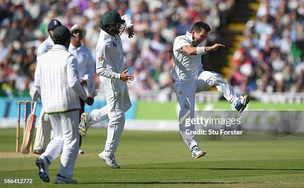 Pakistan bowler Yasir Shah celebrates after dismissing England batsman Gary Ballance during day 4 of the 3rd Investec Test match between England and...