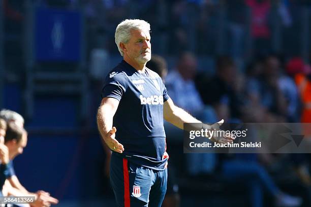 Coach Mark Hughes of Stoke City during the pre-season friendly match between Hamburger SV and Stoke City at Volksparkstadion on August 6, 2016 in...