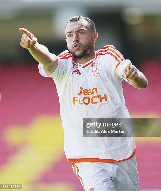 Romain Philippoteaux of Lorient celebrates after scoring their second goal during the pre-season friendly match between Watford and Lorient at...