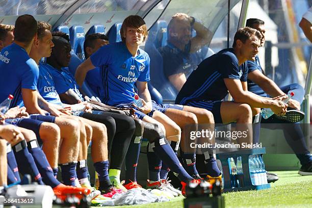 Alen Halilovic of Hamburg sit outside during the pre-season friendly match between Hamburger SV and Stoke City at Volksparkstadion on August 6, 2016...