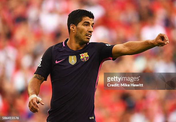 Luis Suarez of Barcelona looks on during the International Champions Cup match between Liverpool and Barcelona at Wembley Stadium on August 6, 2016...