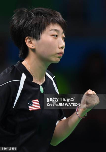 S Yue Wu reacts after a point in her women's singles qualification round table tennis match at the Riocentro venue during the Rio 2016 Olympic Games...