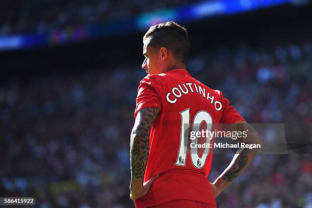 Philippe Coutinho of Liverpool looks on during the International Champions Cup match between Liverpool and Barcelona at Wembley Stadium on August 6,...