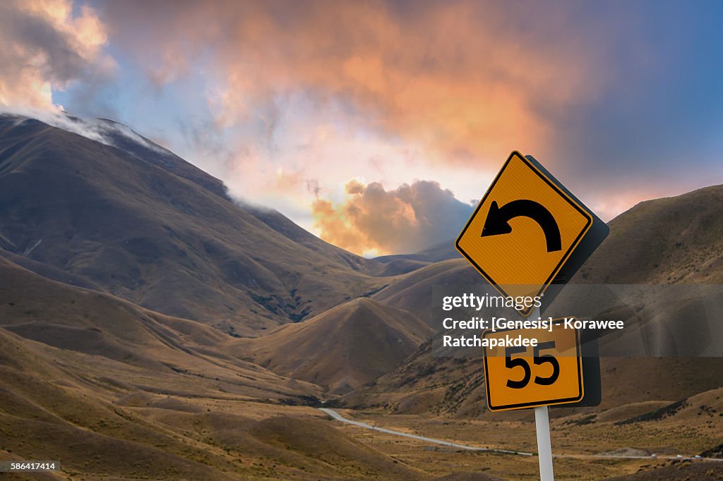 The speed limit at the Lindis Pass in the sunset time