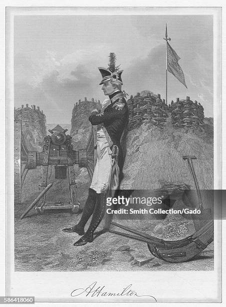 An etching from a portrait Alexander Hamilton, he is wearing his full military uniform and leaning against an earthen barrier near a cannon, a flag...