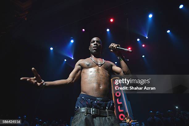 Rapper DMX performs live on stage at The Apollo Theater on August 5, 2016 in New York City.