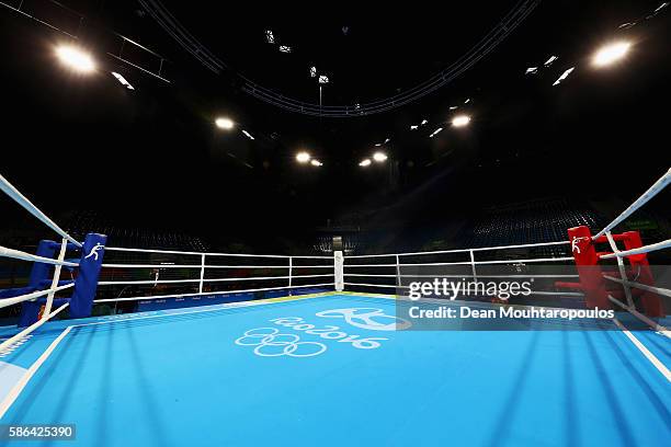 General view of the empty boxing ring with official logo on the mat prior to Day 1 of the Rio 2016 Olympic Games at Riocentro - Pavilion 6 on August...